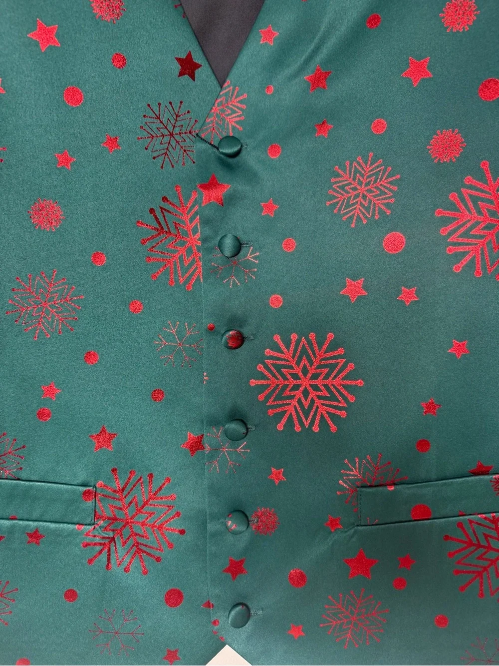Men’s Christmas Silk Vest Green Red Snowflake XL Festive Party Tuxedo